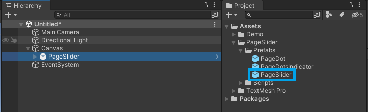 Drag a PageSlider prefab as a child of the Canvas